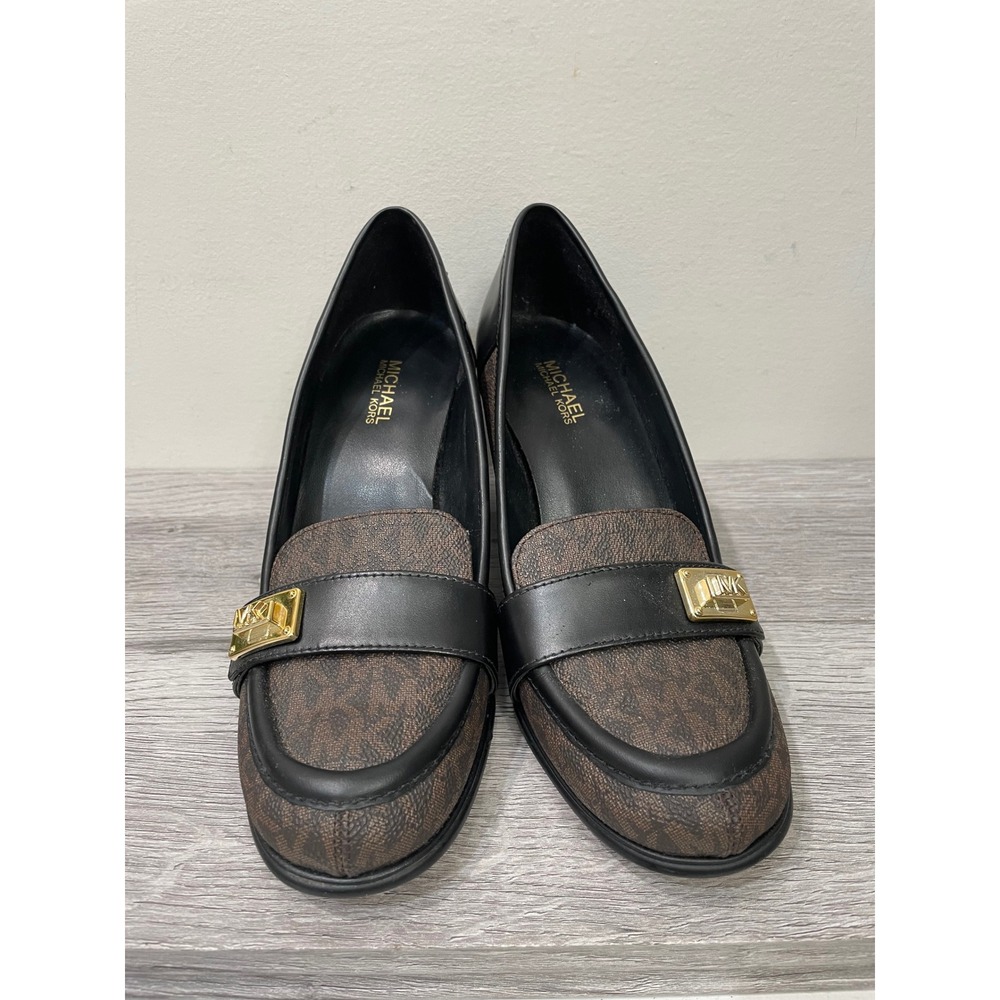 Michael‎ Kors Brown Signature Logo Padma Signature Block Heel Loafer Pumps 6M